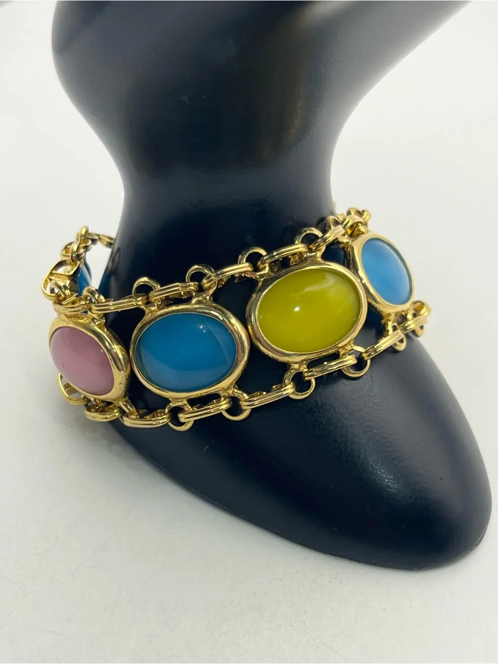 Pale Pink, blue, yellow oval cabochon gold tone vintage chain bracelet